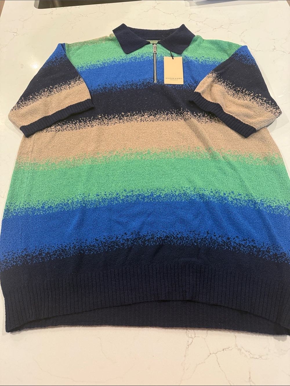 Scotch & Soda Striped Half-Zip Polo Sweater - Blue, Green, Beige, Navy